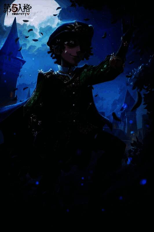 病患-罗密欧身穿深绿色华服,头戴金色花饰帽,在月光下扬手吟唱,落叶与荧光环绕周身,画面唯美如诗