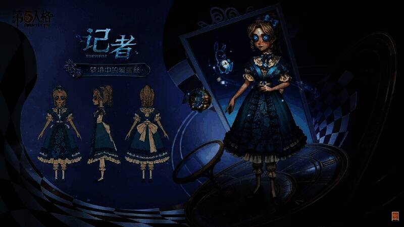 记者-梦境中的爱丽丝手持一个色彩斑斓的球形装置,身边伴随一只带有停摆时钟的兔子,背景为梦幻森林