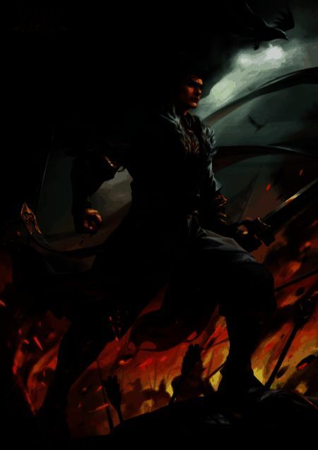 SP曹操原画立绘,身穿黑色战甲,剑指前方,身后火焰翻腾,气势逼人