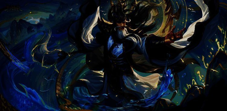 族吴苋皮肤特写,金色锦鲤在空中游动,光影特效华丽,人物姿态优雅