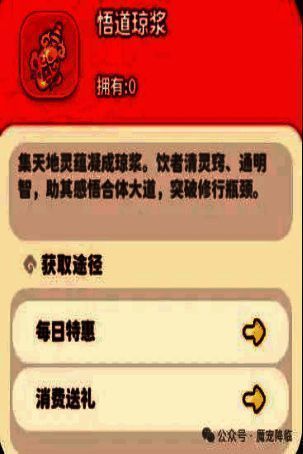 悟道琼浆道具图标与使用界面,显示可用于‘合体形态升级’