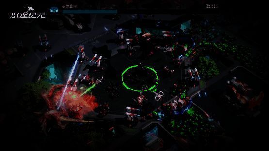 玩家在星球表面部署防御塔与机甲部队，空中虫群如黑云压境，战斗一触即发