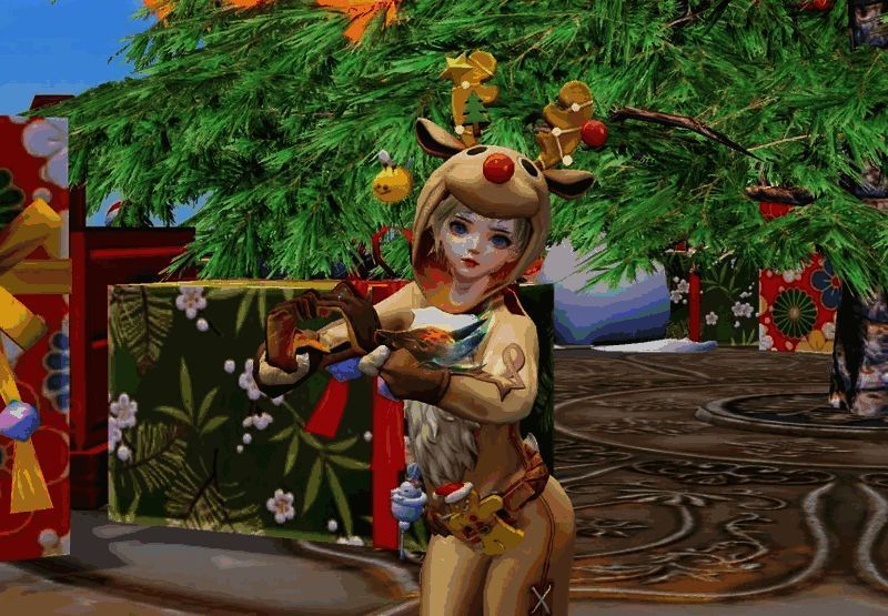 多位玩家在建木广场圣诞树前合影，灯光璀璨，气氛欢乐