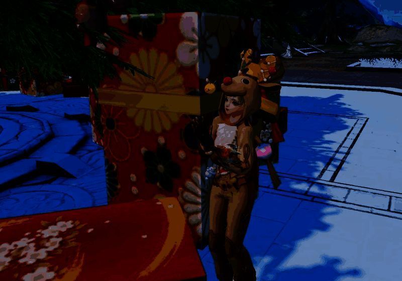 特写镜头展示驯鹿奇缘时装细节，鹿角由姜饼和糖果装饰，眼睛圆润可爱