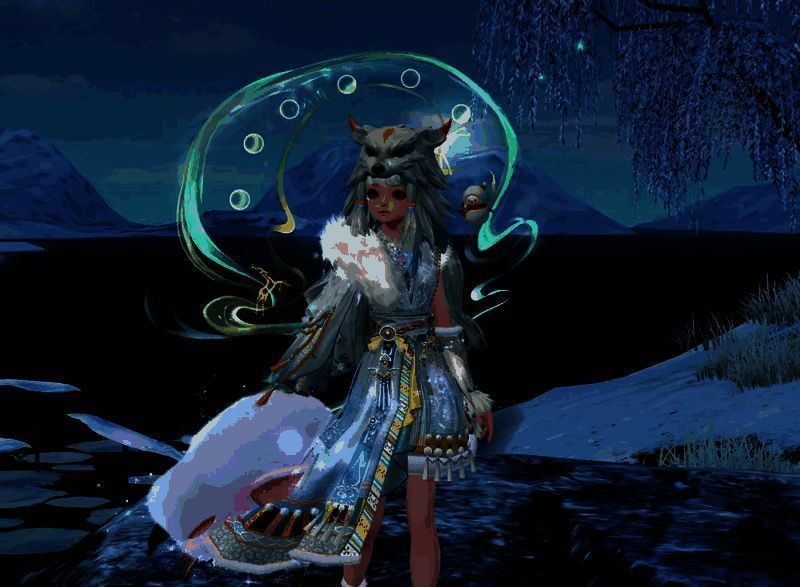 女性角色搭配雪域藏云与岚光抹黛背饰，立于雪原，氛围圣洁