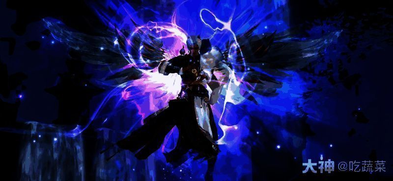 男性角色腾空而起，身后紫光幻化星空图腾，气势磅礴