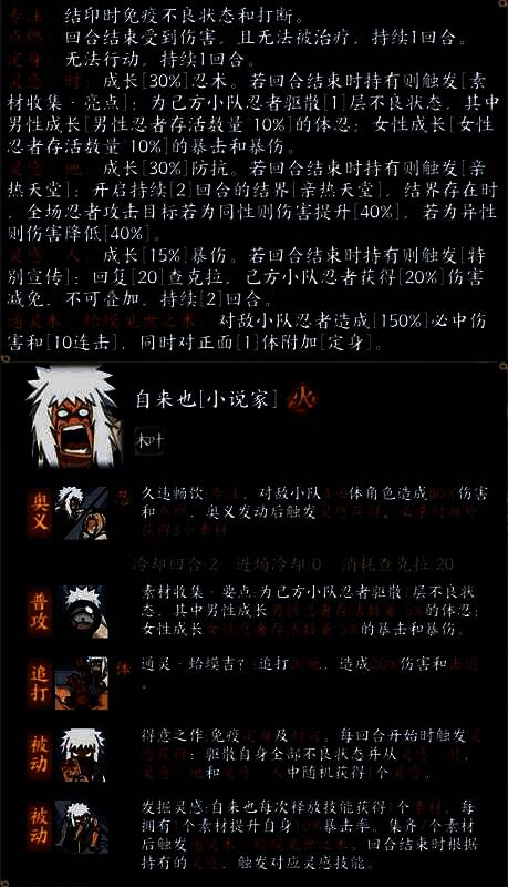 自来也[小说家]技能界面展示，突出其结界、驱散与养成能力