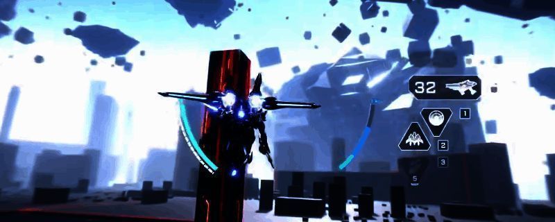 《解限机》中矛隼机甲在空中高速飞行并准备发动攻击的动态画面,机体呈现流线型设计,背景为城市上空战场