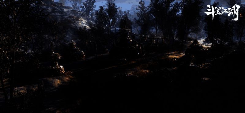 《斗笠江湖》游戏主视觉图,主角身披斗笠立于山巅,背景是烽火连天的古城,氛围苍凉而壮烈