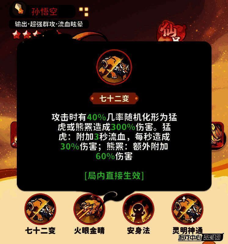 孙悟空开启火眼金睛,双眼发出金光,对周围敌人发动连环打击