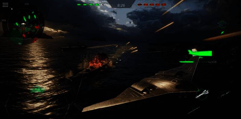 玩家在港口界面查看刚获得的新战舰,舰体闪耀金色光芒,周围有庆祝特效