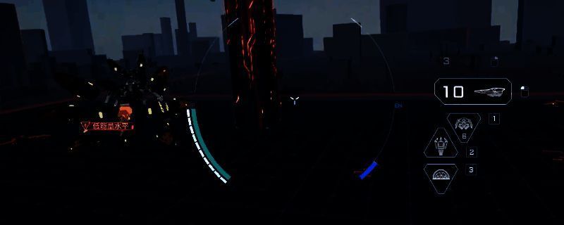 《解限机》中轻型机甲执行空中起飞动作的瞬间,机甲背部喷射火焰,姿态倾斜向上,背景为城市废墟战场