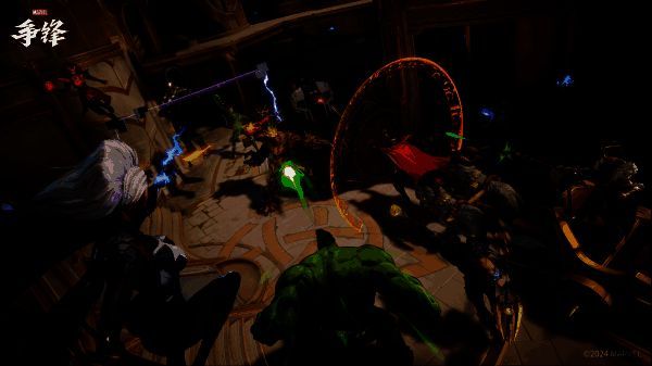 多英雄同屏战斗场景,钢铁侠空中释放光束,美国队长掷盾突进,背景建筑正在崩塌