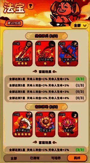 专属法宝界面截图,突出显示与魔宠联动的技能解锁提示