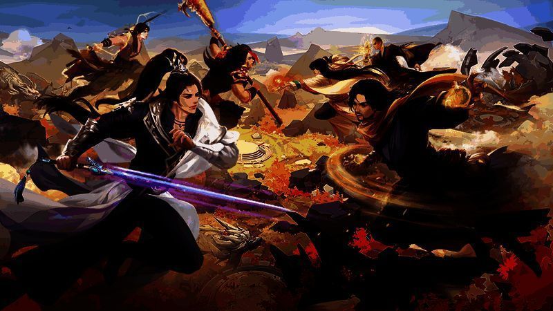 《天龙八部》全国争霸赛激烈对战场面,选手专注操作,屏幕中角色技能特效炸裂,氛围紧张刺激