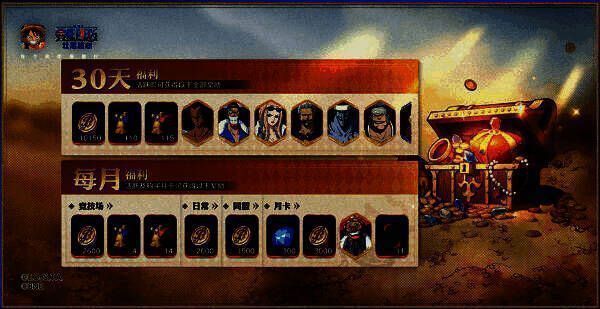 游戏内活动中心页面,展示首月登录奖励日历,包含招募券、金币、角色体验卡等丰富奖励