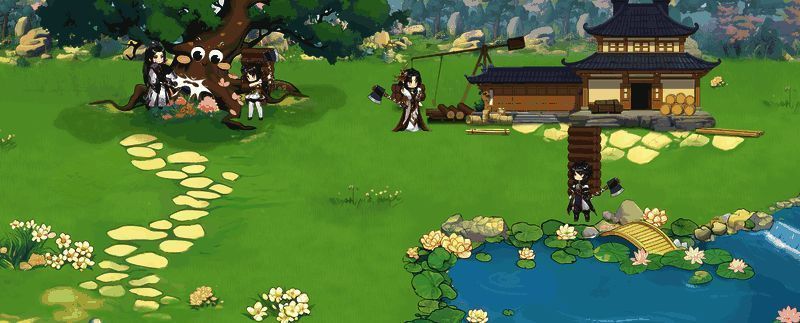 商会后山场景截图,多名船员在林间砍树,背景为山林与木屋,氛围轻松自然