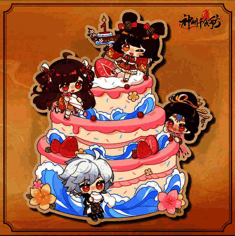 一周年限量蛋糕立牌实物图,粉色蛋糕造型搭配金色船锚装饰,底座刻有NO.编号