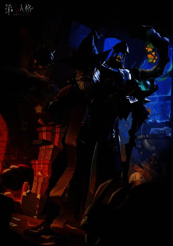 《第五人格》圣诞主题主视觉图,角色们身着节日装扮,背景为飘雪的月亮河公园,充满童话氛围