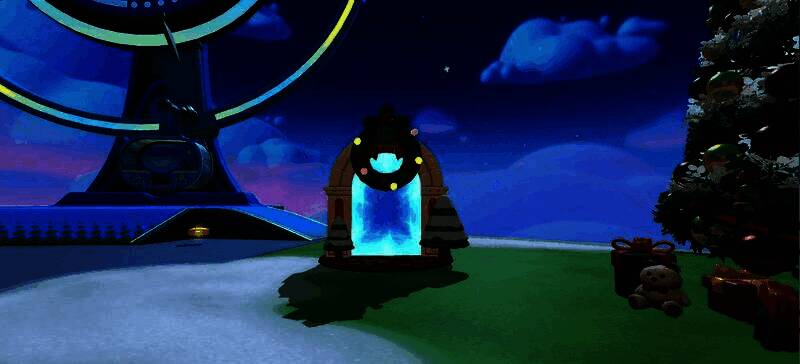 蛋仔岛被白雪覆盖,中央矗立着巨大的装饰圣诞树,夜空中烟花绽放,营造出浓厚的节日氛围