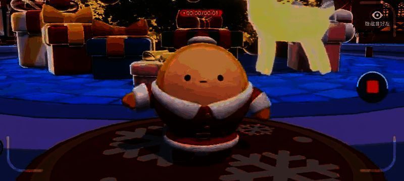 蛋仔们使用三脚架摄像机合影,背景是飘雪和烟花交织的夜空,画面温馨浪漫