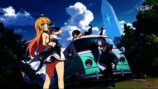 游戏角色设定图展示,三位旅人少女身穿不同风格的探险装备,姿态各异,背景呈现各自所属地区的特色建筑