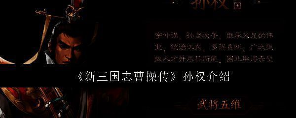 《新三国志曹操传》中孙权角色立绘,身披铠甲,手持长剑,神情坚毅,背景为江东战船与江面