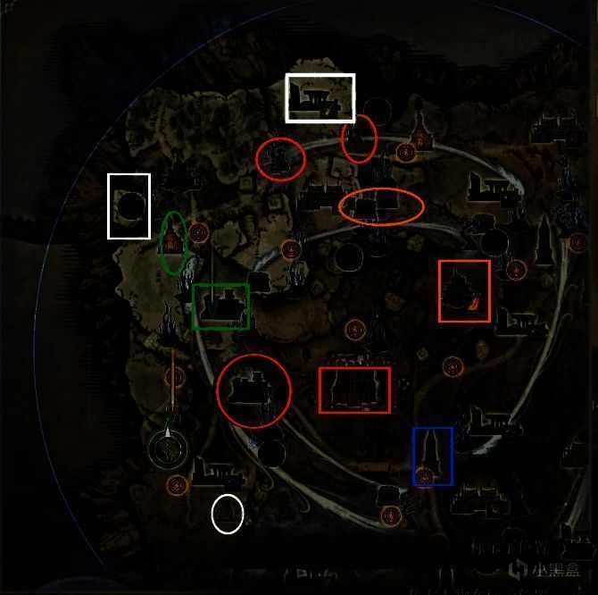 游戏地图局部截图，各类图标清晰标注，包括废墟、要塞、圣杯瓶与恶魔商人位置