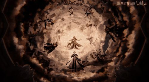 翁法罗斯废墟场景,远处可见倒塌的神像与漂浮的记忆碎片,象征文明的衰败