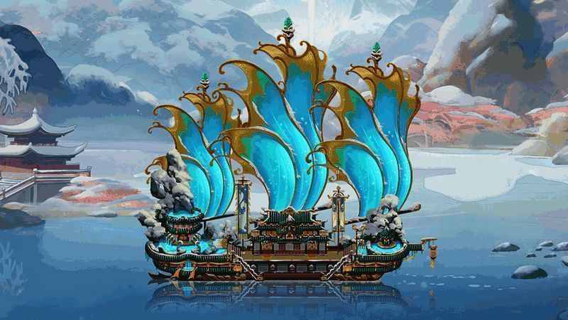 沐香舫外观全景图,白雪覆盖船顶,热气从池中升腾,周围环绕着古典园林景观