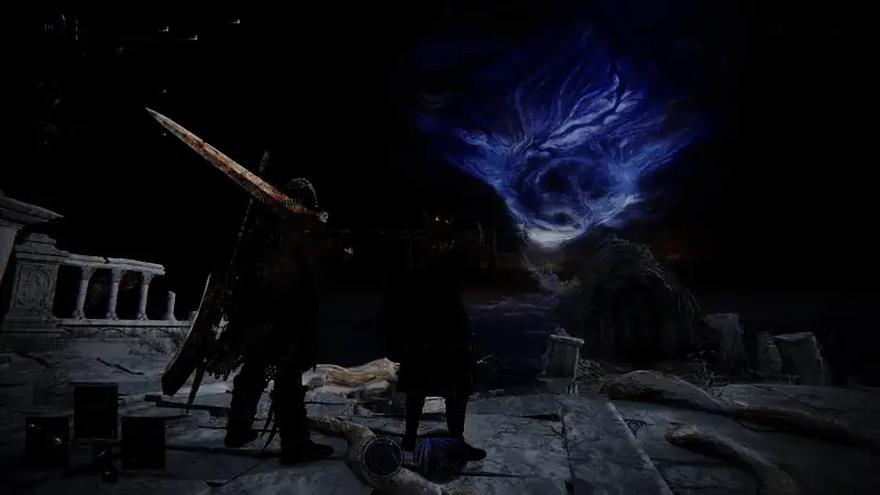 追踪者使用双大剑从高空跃下发动强力劈砍，地面炸裂火花四溅