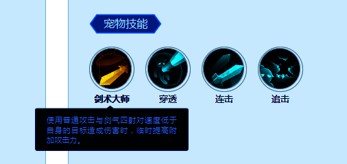 技能图标展示‘剑术大师’,图标为金色剑刃环绕书卷,象征剑道修为