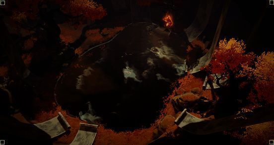 国风主题地图场景,古风小镇笼罩在夜色中,灯笼微光摇曳,角色行走在青石板路上