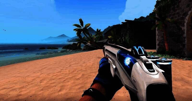 玩家手持雄鹿离子圣芒皮肤在地图高台巡视的场景，背景为未来风格城市