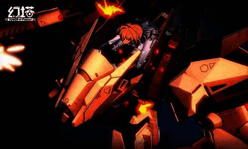 GNET-005γ锆石机甲在城市街道疾驰,装备重型肩炮,周身闪耀能量护盾