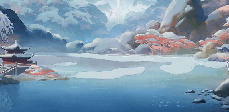 神州千食舫初雪降临场景,雪花缓缓飘落于古风船舫之上,河面泛起淡淡雾气,宛如仙境