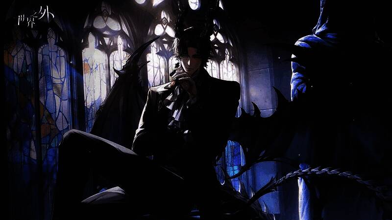 易遇背光而立,脸上带着温柔笑意,手中浮现黑色契约之纹,气氛温馨却暗藏危险