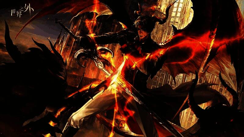 柏源半跪于地,一手环抱主角,另一手燃起紫色火焰,背景是扭曲的欲望图腾