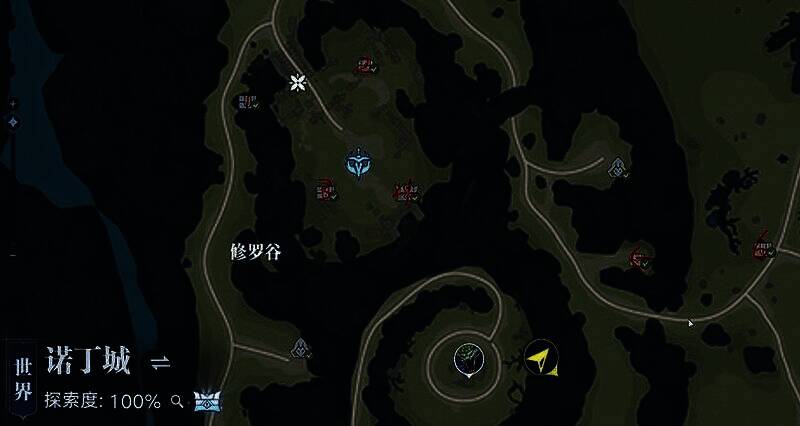 修罗谷地形俯瞰图,标注宝箱位置及攀爬路线,岩壁上有明显跳跃点提示