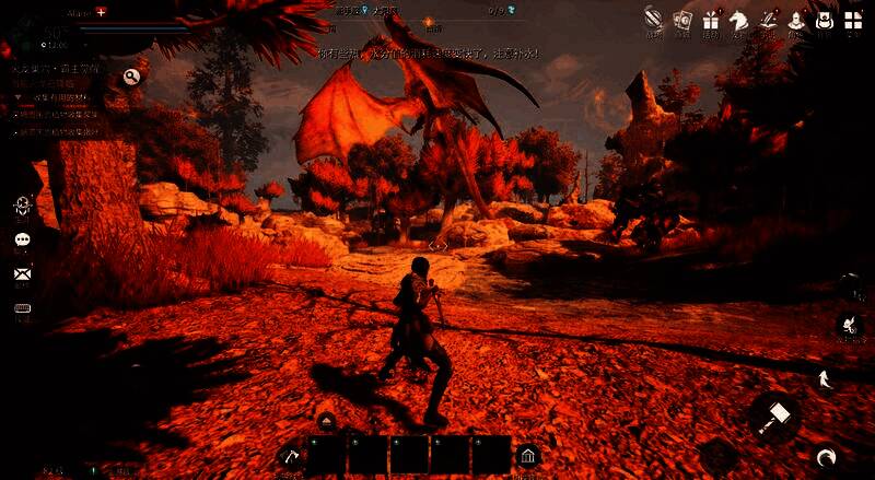 游戏实机画面展示,一片被魔法风暴席卷的森林,树木扭曲,天空呈现紫色极光,视觉效果惊艳