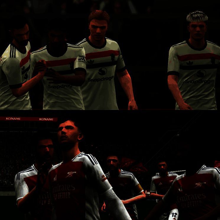 阿森纳与曼联比赛宣传图,两队球员对峙,背景为英超球场灯光璀璨