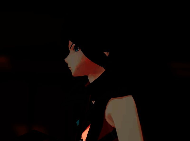 角色拉薇使用技能隐身的瞬间，周身泛起蓝色光纹，周围环境逐渐模糊