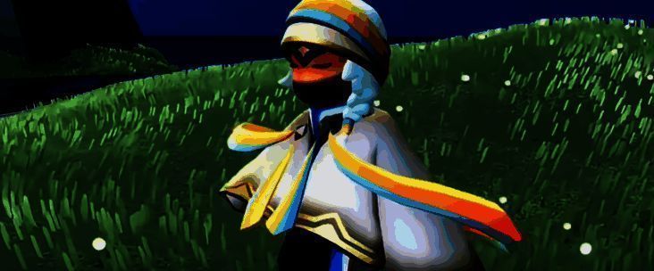 彩虹斗篷礼包三视图展示，丝带呈悬浮状态，面具眼部轮廓清晰，整体风格梦幻优雅