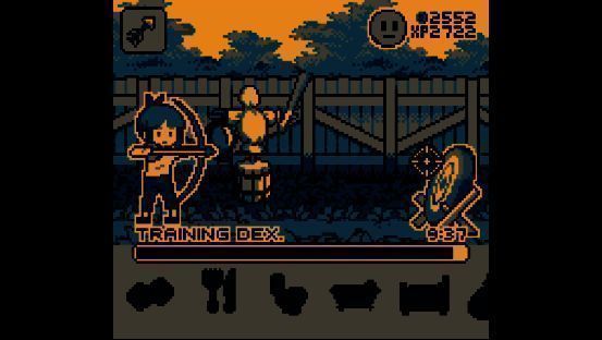 勇者女儿在草原上挥舞小剑,与小型怪物战斗,画面风格复古像素风,充满童趣