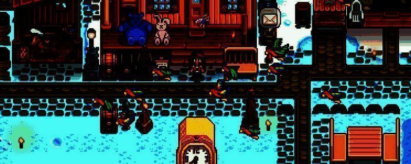 《星露谷物语》复活节活动现场,玩家与NPC在鹈鹕镇广场寻找彩蛋,背景装饰着春日花环和彩旗