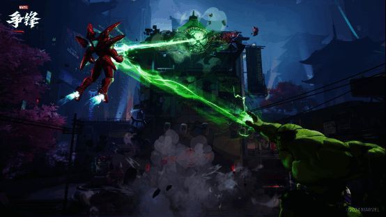 《漫威争锋》战斗场景截图,英雄释放大招瞬间,特效绚丽,战场氛围紧张