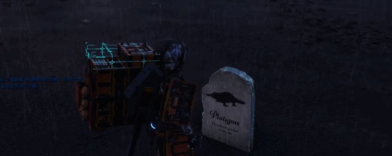 《死亡搁浅2》中角色在荒野为死去的动物建立墓碑的场景,背景为阴沉天空与孤寂地貌,氛围肃穆而感人