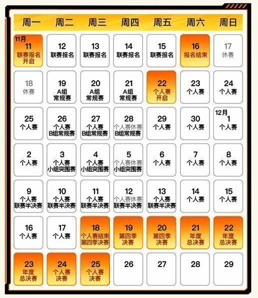 赛事日历图示，清晰标注报名、海选、晋级赛及总决赛各阶段时间节点