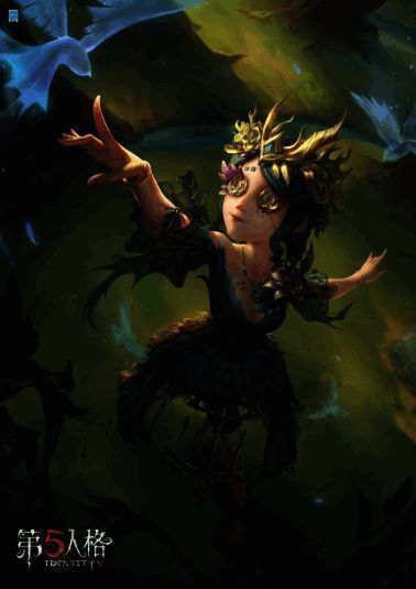 园丁-怪鸟时装立绘,黑色羽衣与金色鸟笼裙撑细节精致,氛围神秘