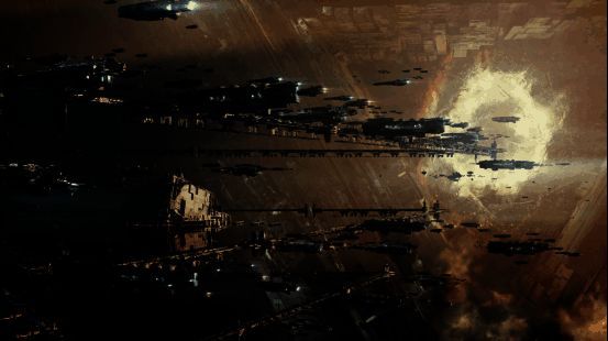 多艘大型战舰编队在太空中列阵对峙,能量炮充能光芒闪烁,气氛剑拔弩张